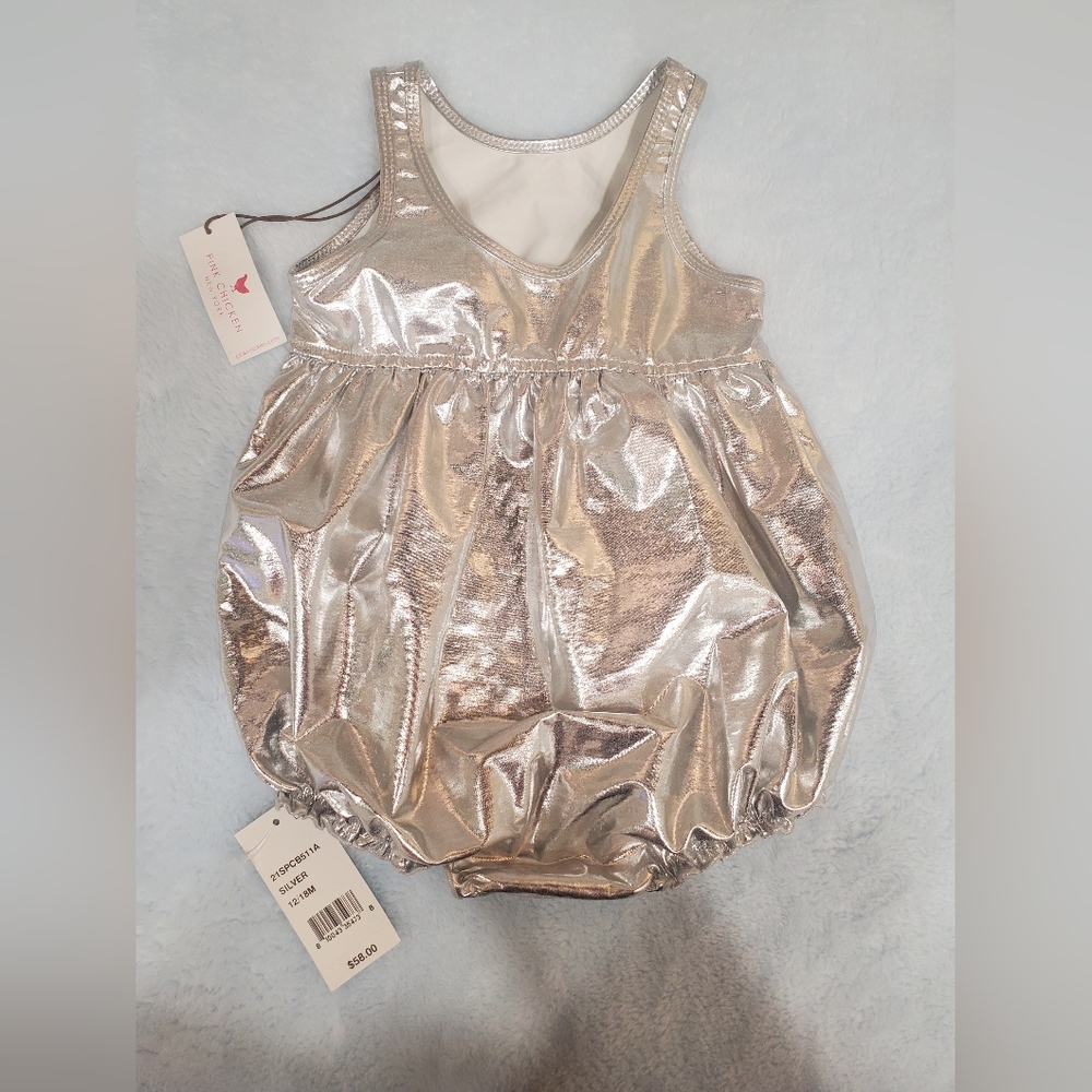 pink chicken baby girls outfit metallic silver